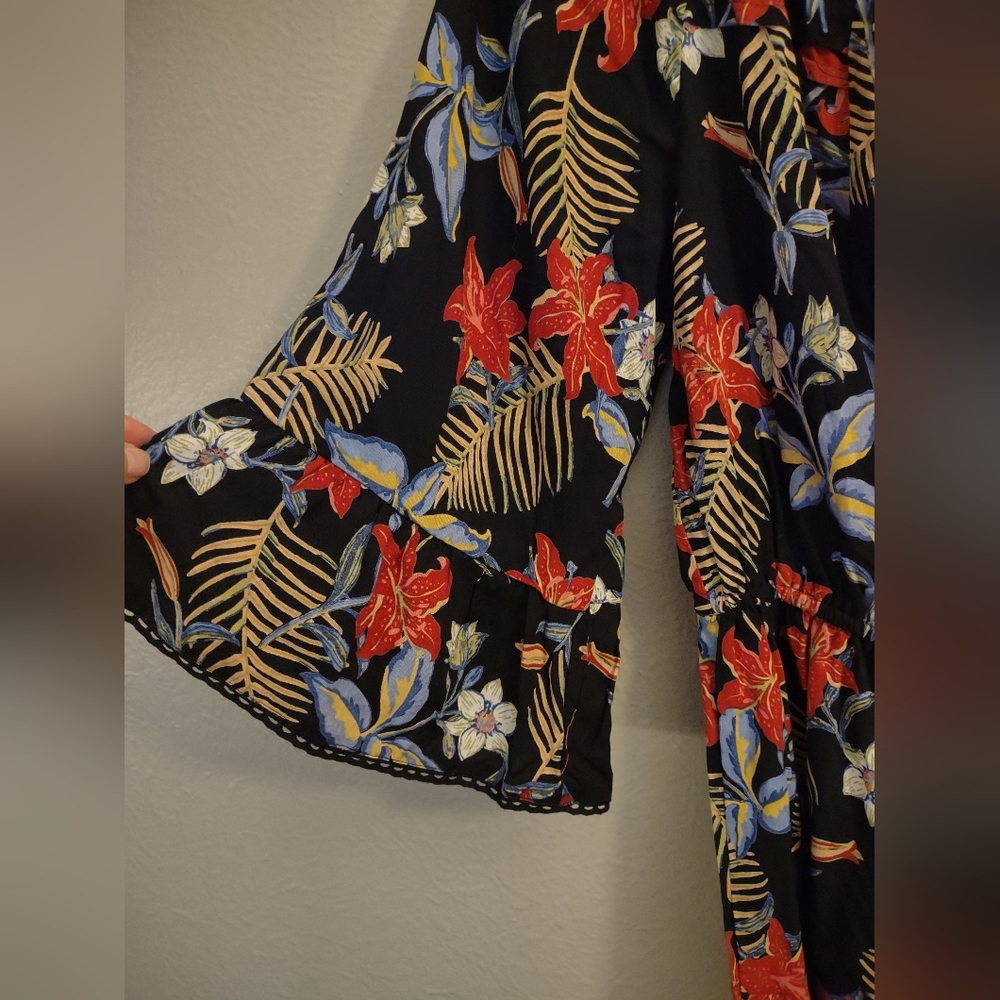 Angie Off-Shoulder Black Tropical Floral Romper – Boho Chic Size Large - Picture 8 of 11